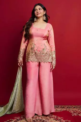 Pink color heavy shimmer silk embroidery work party wear suit