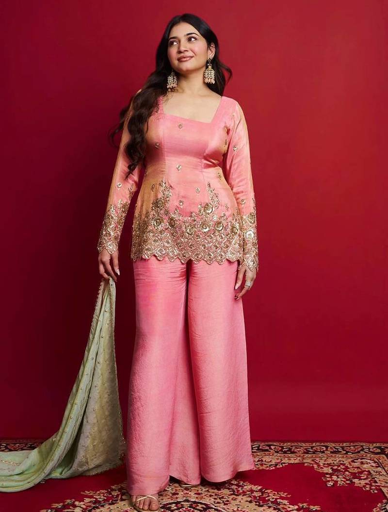 Pink color heavy shimmer silk embroidery work party wear suit
