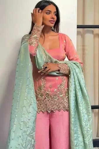 Pink color heavy shimmer silk embroidery work party wear suit