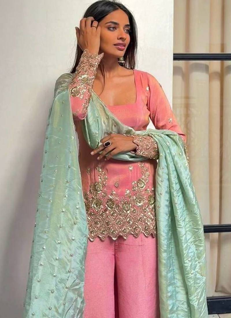 Pink color heavy shimmer silk embroidery work party wear suit