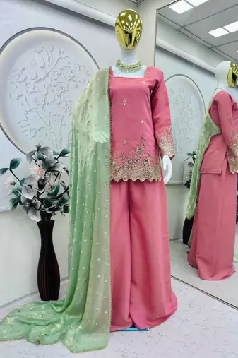 Pink color heavy shimmer silk embroidery work party wear suit