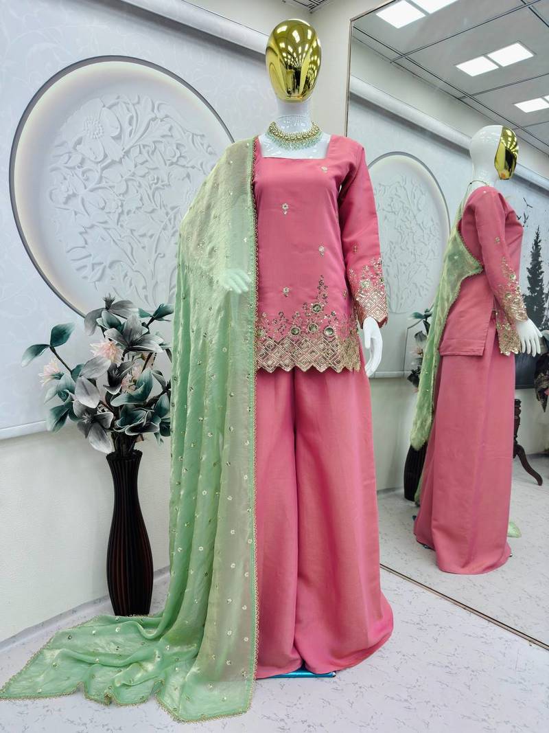 Pink color heavy shimmer silk embroidery work party wear suit