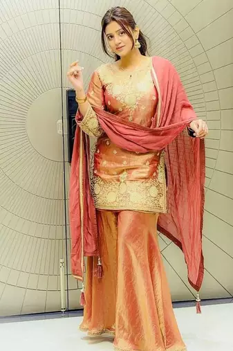 Goldern fendy silk embroidery work designer wedding wear plazzo suit