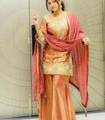 Goldern fendy silk embroidery work designer wedding wear plazzo suit