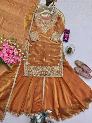 Goldern fendy silk embroidery work designer wedding wear plazzo suit 4