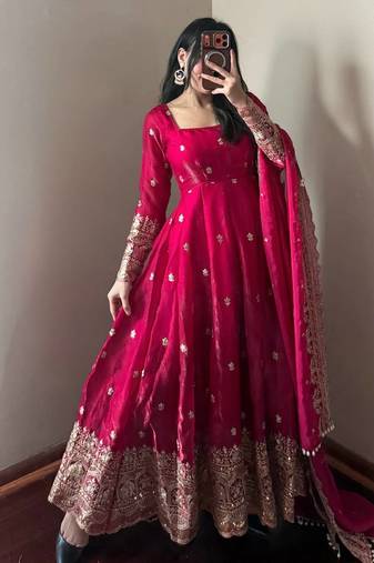 Red fendy silk designer heavy work wedding wear long gown