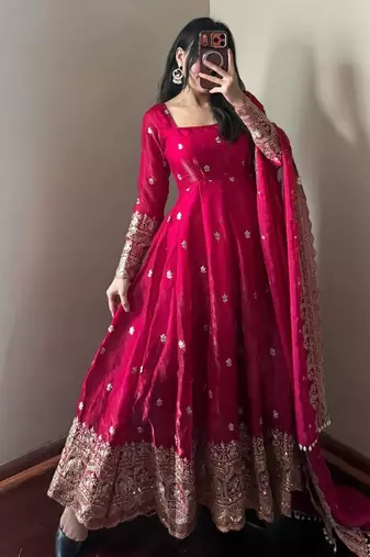 Red fendy silk designer heavy work wedding wear long gown