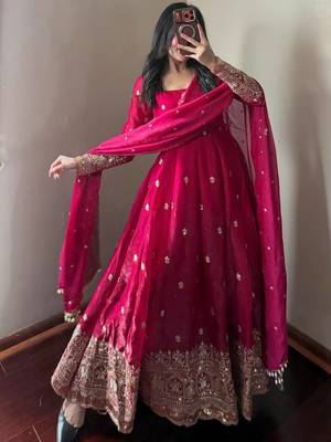 Red fendy silk heavy work wedding wear long gown 2