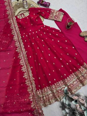 Red fendy silk heavy work wedding wear long gown 3