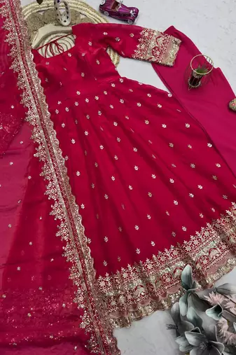 Red fendy silk designer heavy work wedding wear long gown