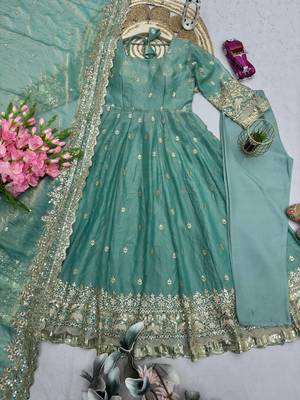 Teal fendy silk  heavy work wedding wear long gown 1