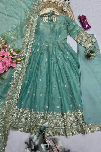 Teal fendy silk designer heavy work wedding wear long gown