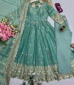 Teal fendy silk designer heavy work wedding wear long gown
