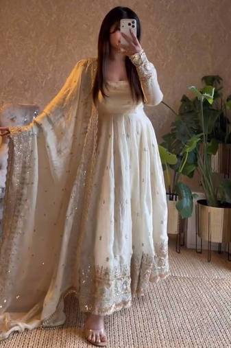 White fendy silk designer heavy work wedding wear long gown