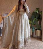 White fendy silk designer heavy work wedding wear long gown