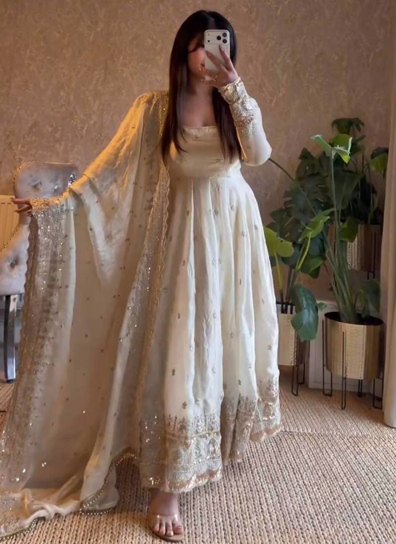 White fendy silk designer heavy work wedding wear long gown