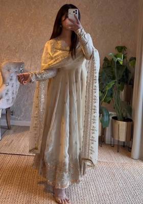 White fendy silk  heavy work wedding wear long gown 2