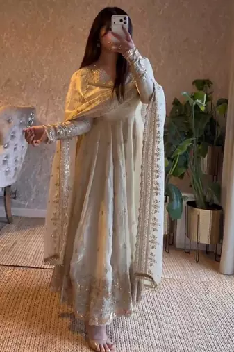 White fendy silk designer heavy work wedding wear long gown