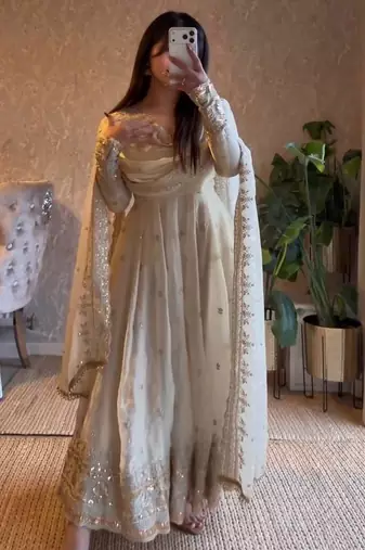 White fendy silk designer heavy work wedding wear long gown