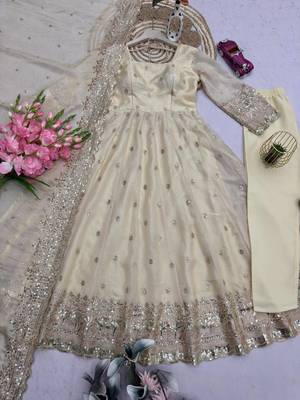 White fendy silk  heavy work wedding wear long gown 4