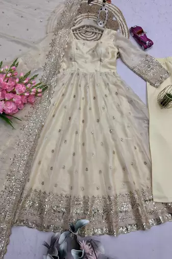 White fendy silk designer heavy work wedding wear long gown