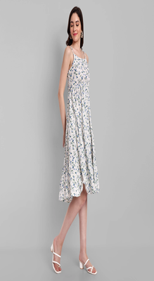 white printed viscose rayon knee length dress for girls & women 5