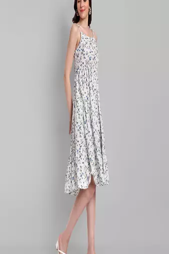 white printed viscose rayon knee length dress for girls & women