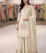 Cream chinnon designer embroidery work party wear salwar suit