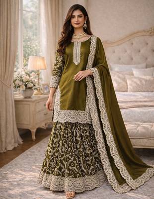 Mehendi fendy satin heavy embrodiery work wedding wear salwar suit 1