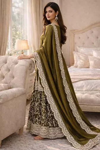 Mehendi fendy satin heavy embrodiery work wedding wear salwar suit