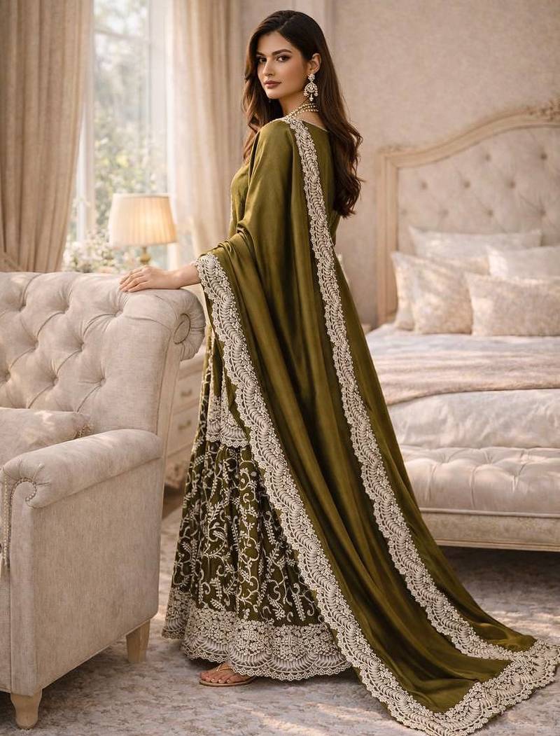 Mehendi fendy satin heavy embrodiery work wedding wear salwar suit