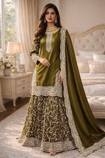 Mehendi fendy satin heavy embrodiery work wedding wear salwar suit