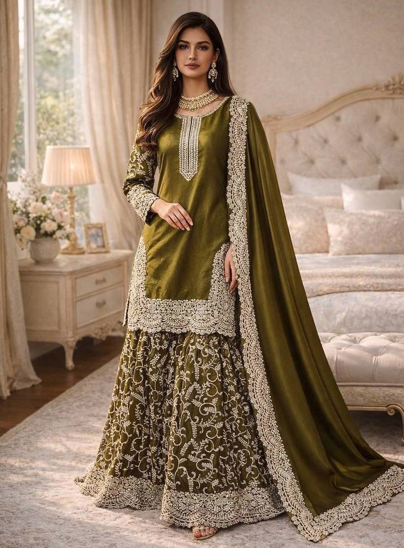 Mehendi fendy satin heavy embrodiery work wedding wear salwar suit