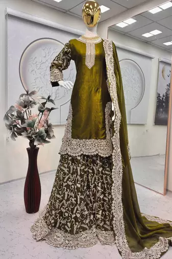 Mehendi fendy satin heavy embrodiery work wedding wear salwar suit