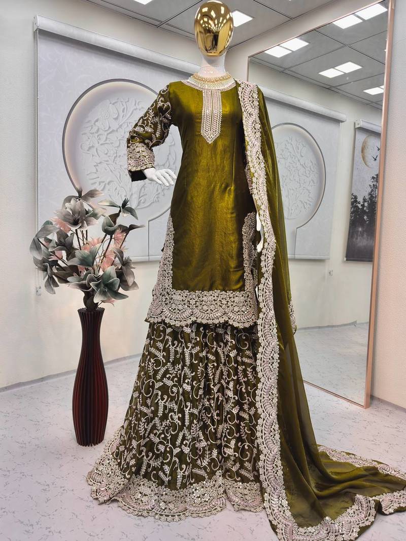 Mehendi fendy satin heavy embrodiery work wedding wear salwar suit