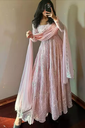 Light peach color faux georgette long party wear gown