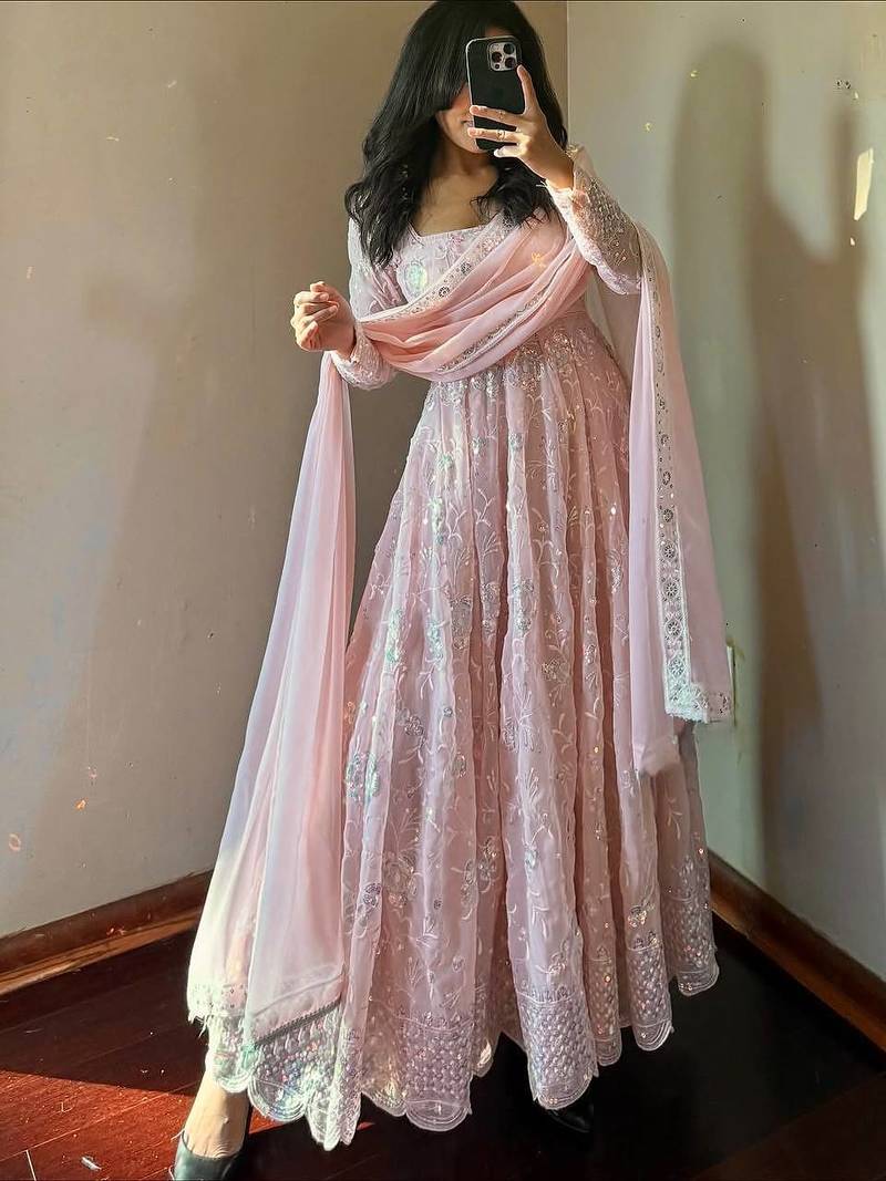 Light peach color faux georgette long party wear gown