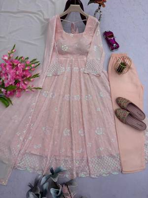 Light peach color faux georgette long party wear gown 2
