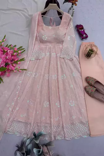 Light peach color faux georgette long party wear gown