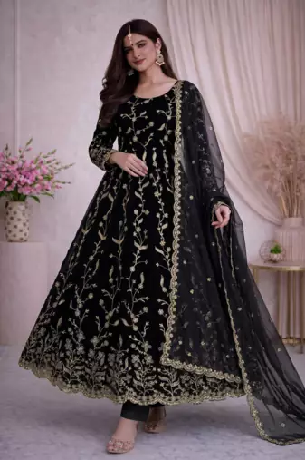 Black fendy satin heavy embroidery work long wedding wear gown