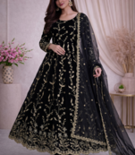 Black fendy satin heavy embroidery work long wedding wear gown