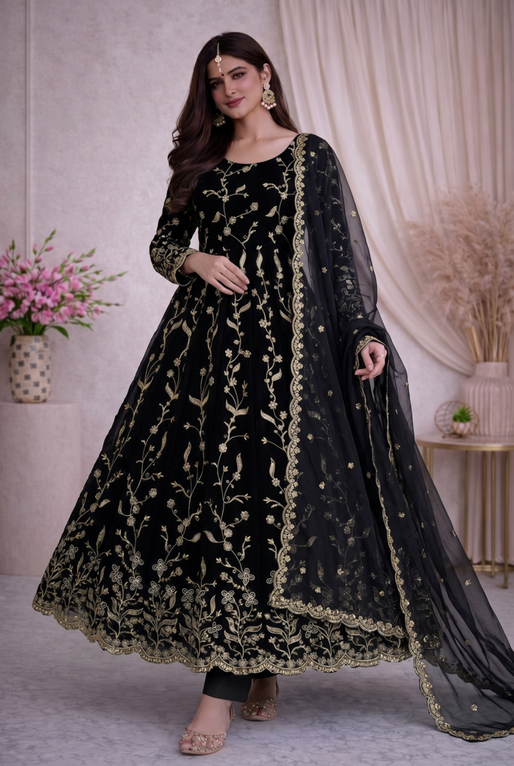 Black fendy satin heavy embroidery work long wedding wear gown