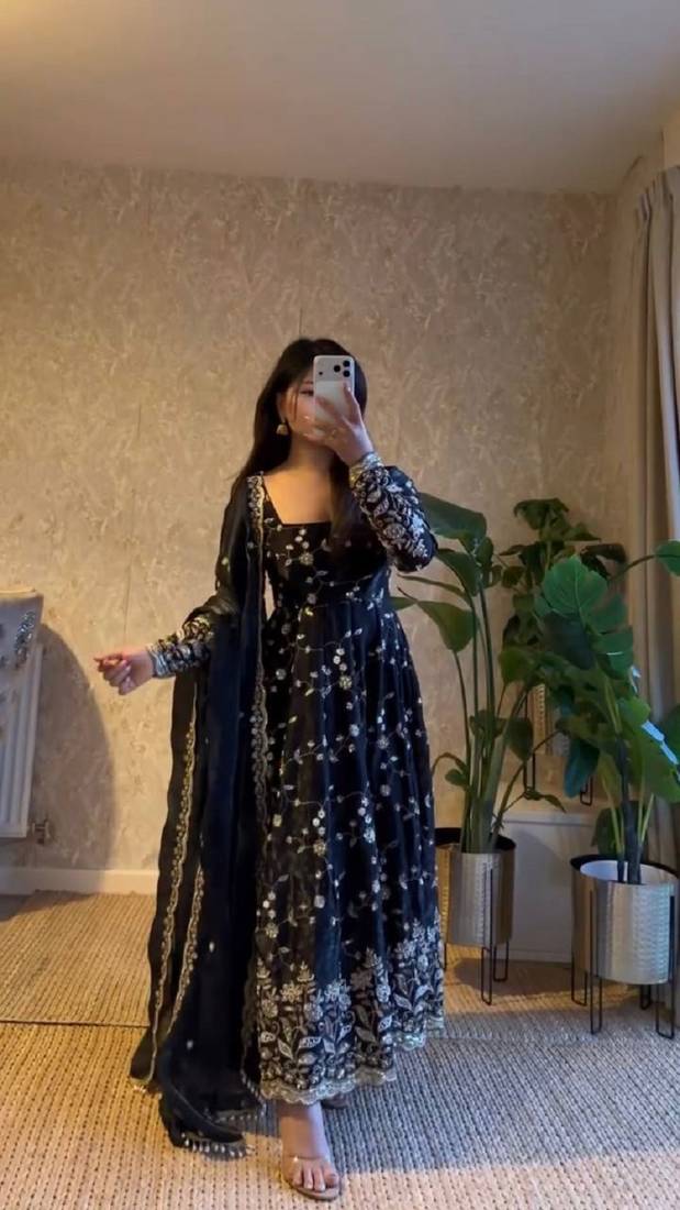 Black fendy satin heavy embroidery work long wedding wear gown