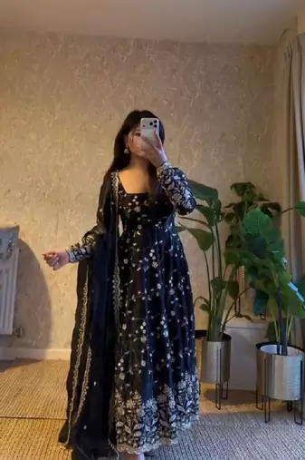 Black fendy satin heavy embroidery work long wedding wear gown