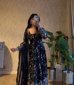Black fendy satin heavy embroidery work long wedding wear gown