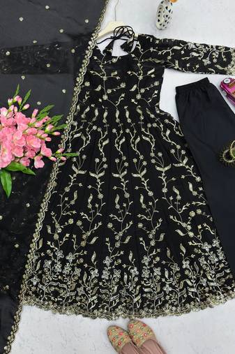 Black fendy satin heavy embroidery work long wedding wear gown