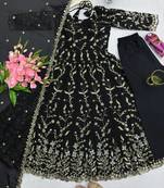 Black fendy satin heavy embroidery work long wedding wear gown