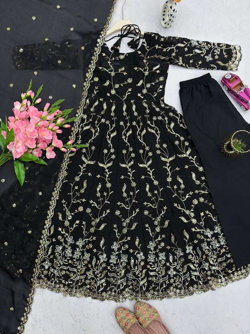 Black fendy satin heavy embroidery work long wedding wear gown