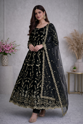 Black fendy satin heavy embroidery work long wedding wear gown 2