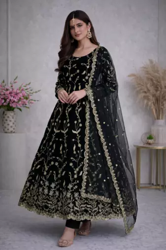 Black fendy satin heavy embroidery work long wedding wear gown